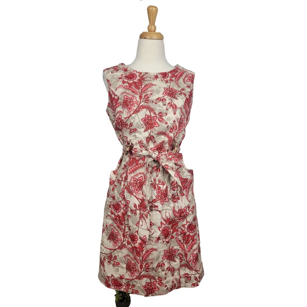 Anne Klein Tan Floral Sheath Linen Blend Dress Size 6P